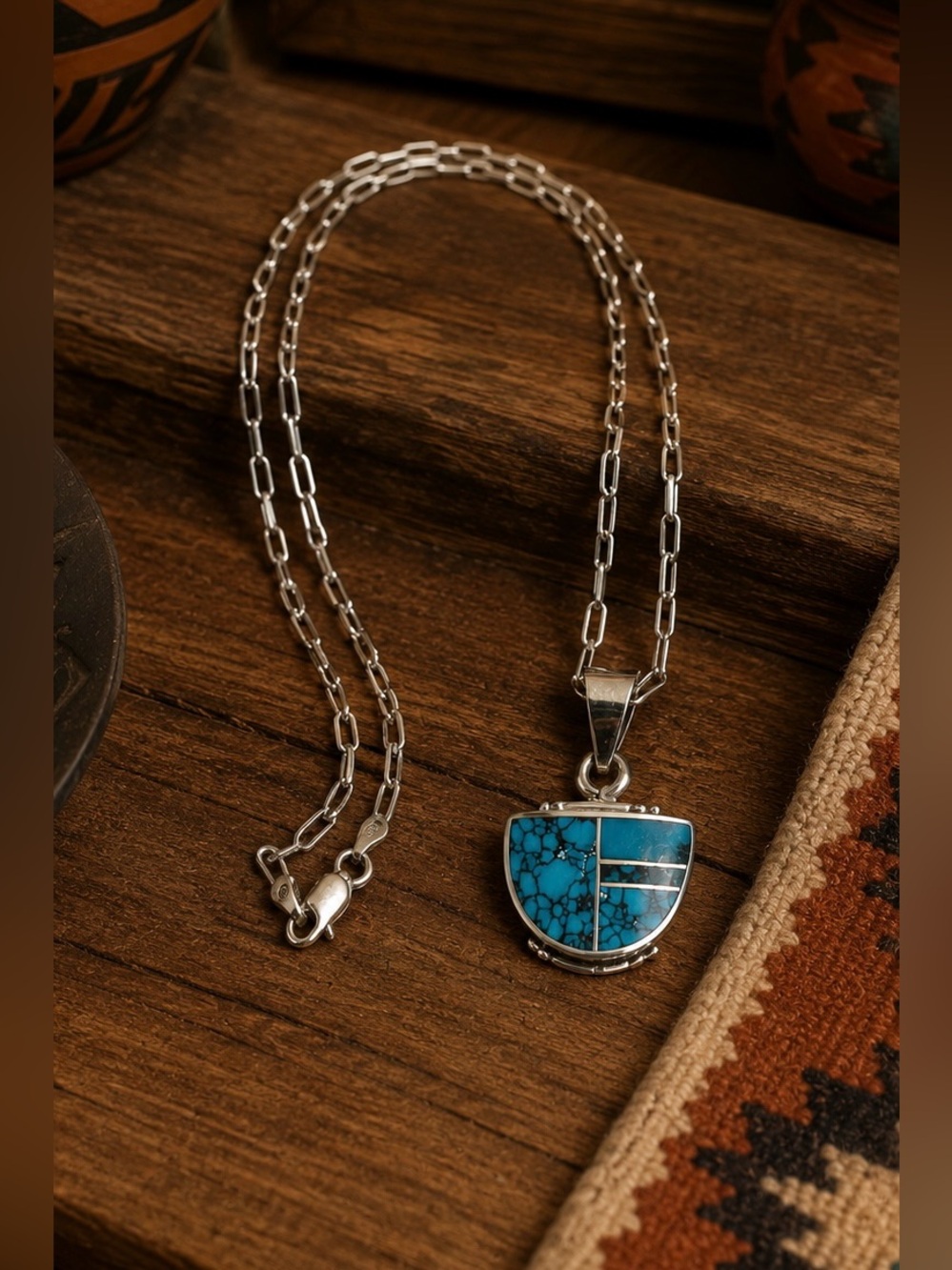 Ray Tracey Knifewing Native American Sterling Silver Turquoise Inlay Necklace